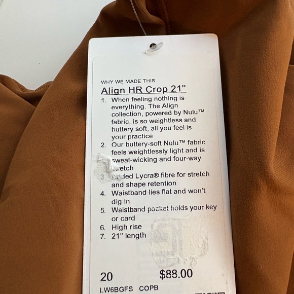 NWT Lululemon Align HR Crop 21” COPB Copper Brown Size 20 MSRP $88 - Picture 4 of 4